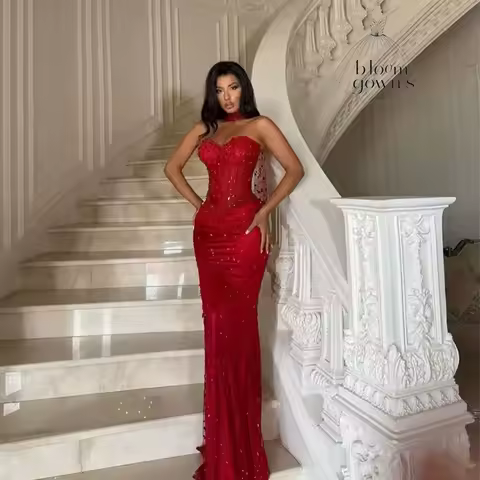 Customized Halter Neck Floor-Length vestidos de noche Luxury Sleeveless Formal Evening Red Mermaid Rhinestones Prom Dress