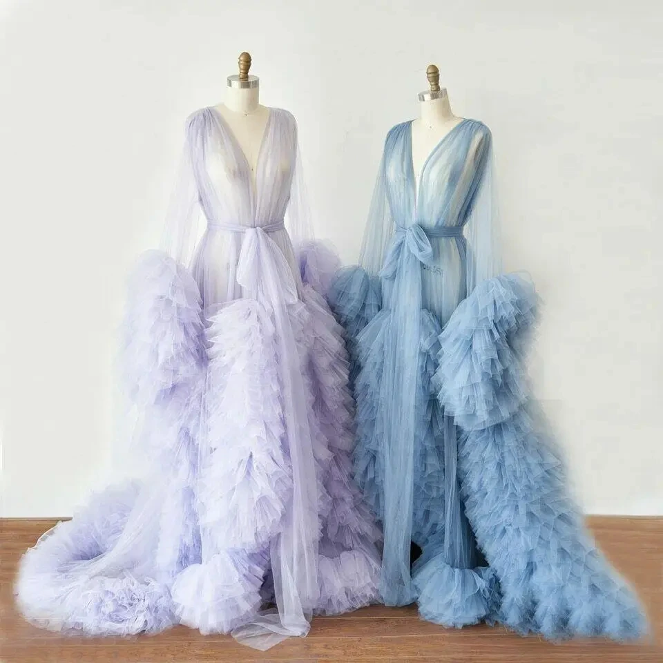 Robes longues en tulle bleu ciel pour femmes, vêtements de nuit moelleux, peignoir sur mesure, séance photo, fête d'anniversaire, patients, ALTERS