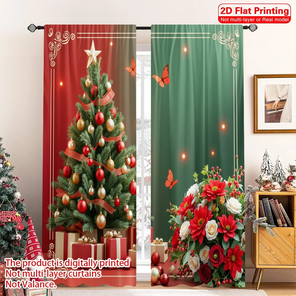 

2pcs 2D flat printing Christmas Window Curtains Christmas Tree Poinsettias Butterflies 100% Polyester Fabric Without Electricity