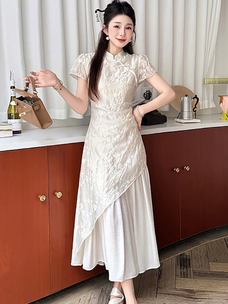 

Women Korean Fashion Elegant Bodycon Long Dress Summer White Jacquard Patchwork Ruffled Dresses 2025 New Festival Party Vestiods