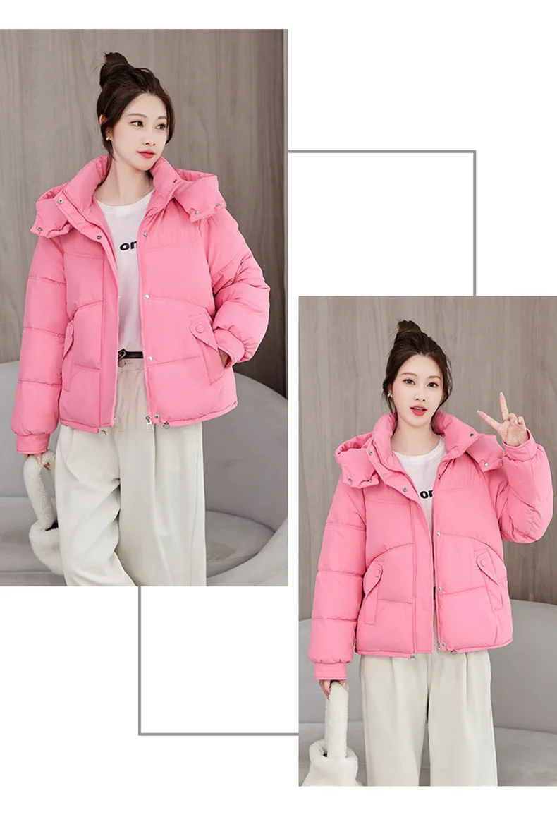 Winter Thick Puffer Coat Women Zip Up Windproof Russian Cold Weather Snow Jacket Detachable Hooded Outerwear Candy Color New