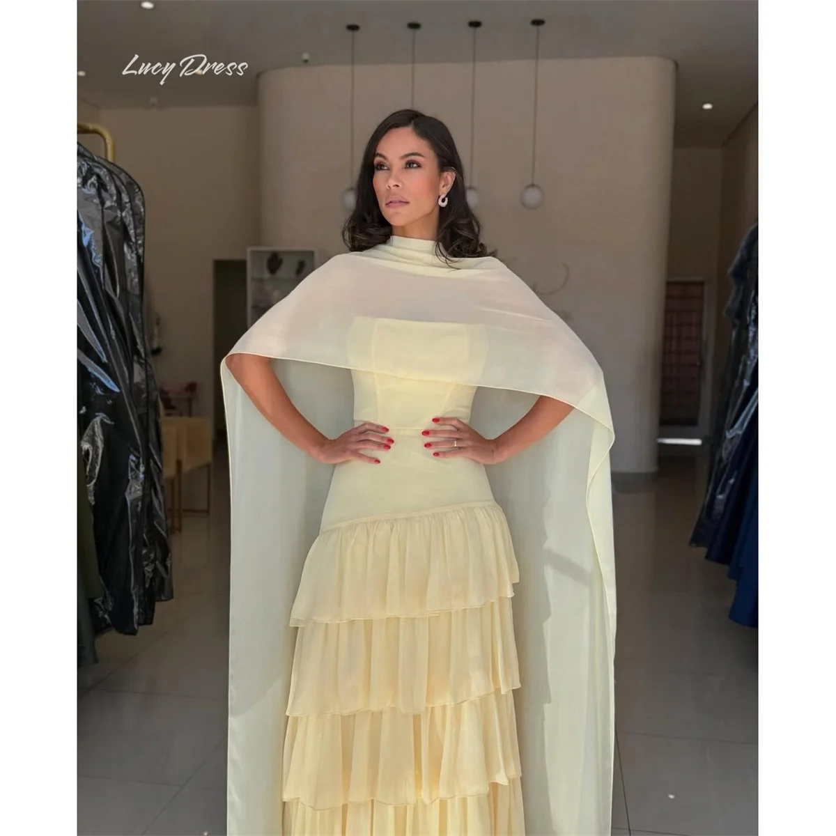 Lucy Yellow Evening Dresses A-Line Strapless Sleeveless Prom Dress Detachable Cape Bodice Structured Fit Tiered Long Customized