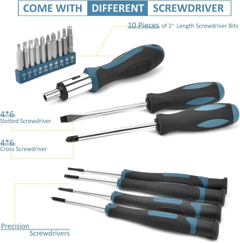 مجموعة أدوات منزلية مكونة من 148 قطعة مع حافظة ومفك براغي وتقاطع وكماشة ومفتاح ربط وجهاز قياس الجهد الكهربائي لمشاريع DIY #5