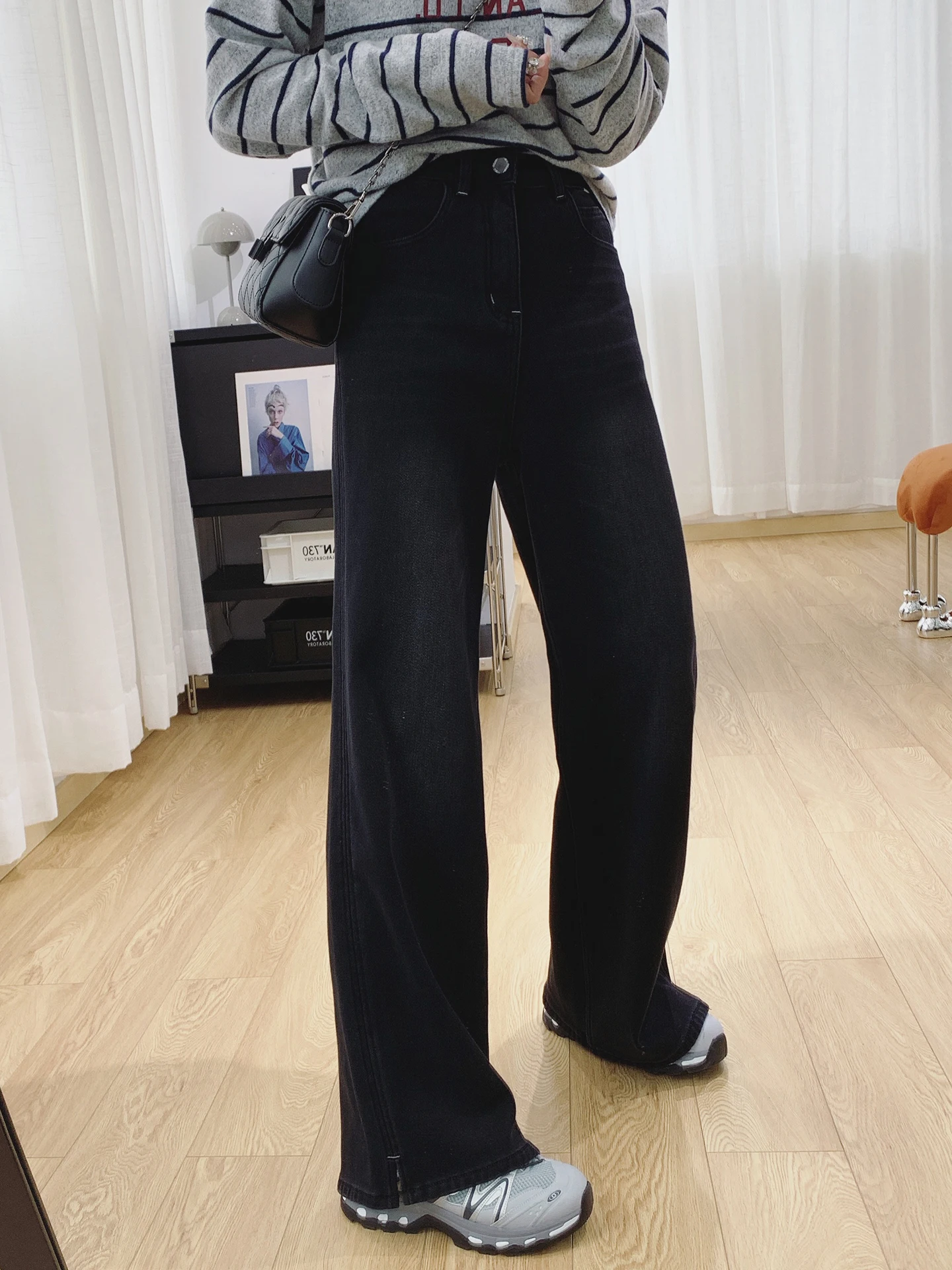 

Женские джинсы с высокой талией на флисовой подкладке, свободные, прямые, широкие штанины, зимние, повседневные, из мягкого эластичного хлопка