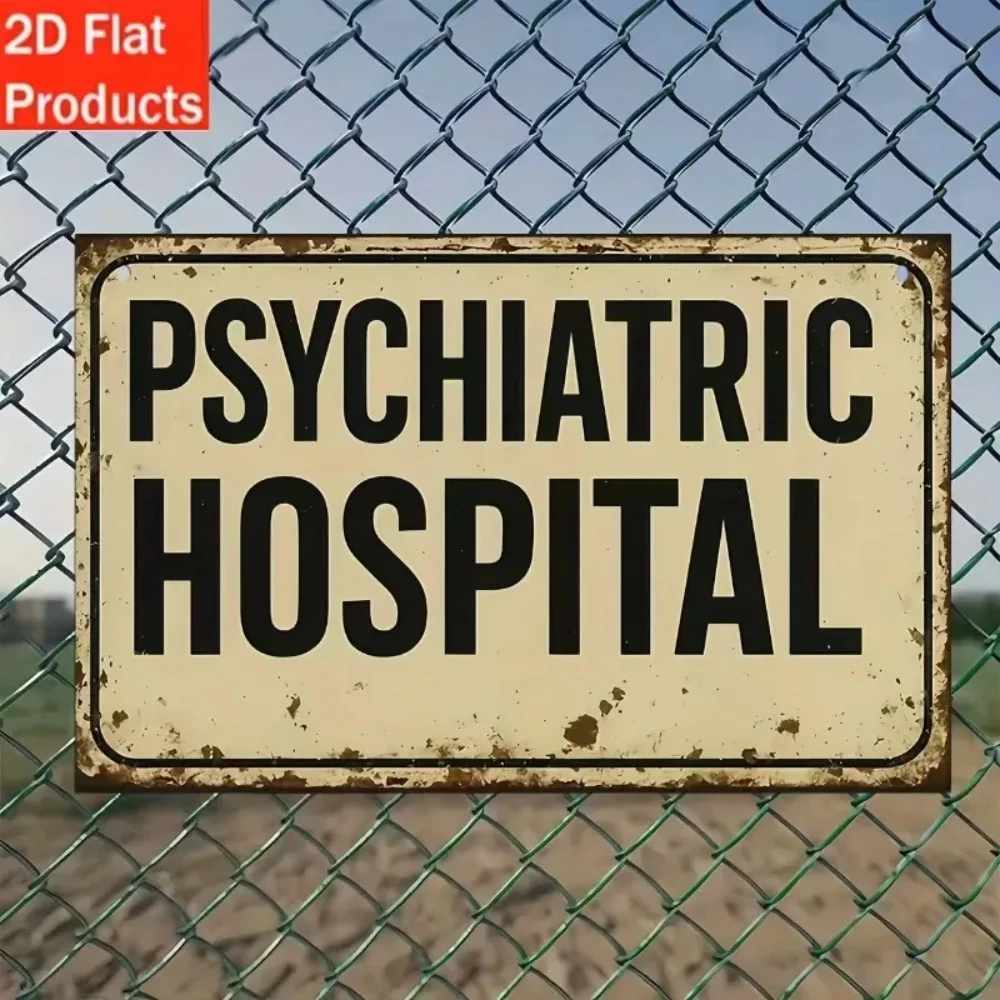 2D Vintage Psychiatric Hospital Art Metal Tin Sign, Irregular Shaped Wall Decor for Home Bar Garage