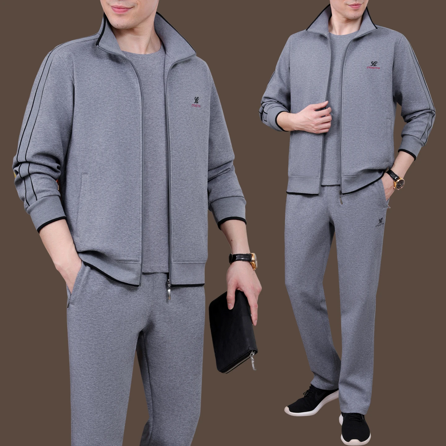 

Men's Casual Sportswear Set 3-Piece Loose Fit Cardigan Jaet Long Sve T-irt And Pants for Middle-Aged And ly