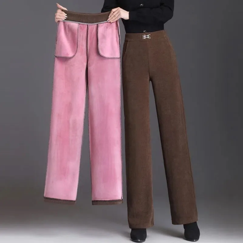 Pantalones de pierna ancha para mujer, Pantalón recto de terciopelo de cintura alta, holgado y delgado, informal, novedad de invierno, 4XL, 2022