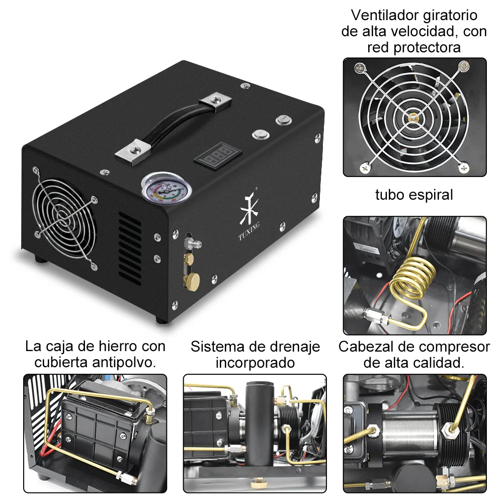 TUXING TXET061 300Bar 4500Psi PCP Air Compressor High Pressure Inflator Built-in Drain System Compressor for PCP Air Rifle
