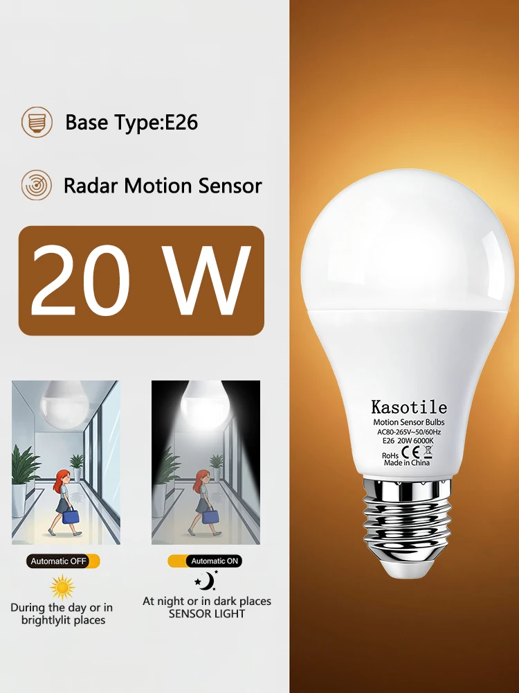 1pc Radar Motion Sensor Light Bulbs Dusk to Dawn LED Bulbs Outdoor Auto On/Off for Indoor Outdoor Basements, Porch,Courtyards