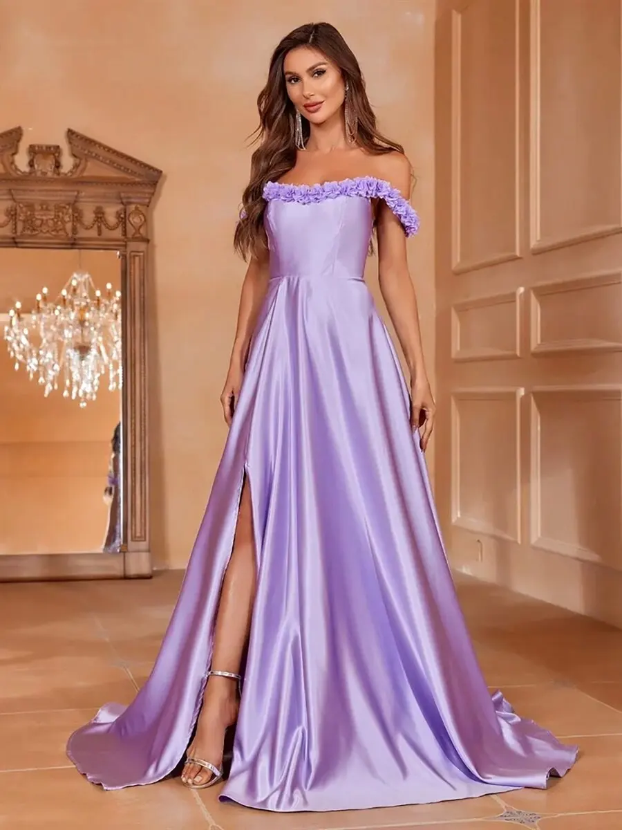 Elegante vestido de noiva de fenda alta fora do ombro com zíper, cor do contraste, renda, linha A, regular, sem mangas, vestido de noite, 2024