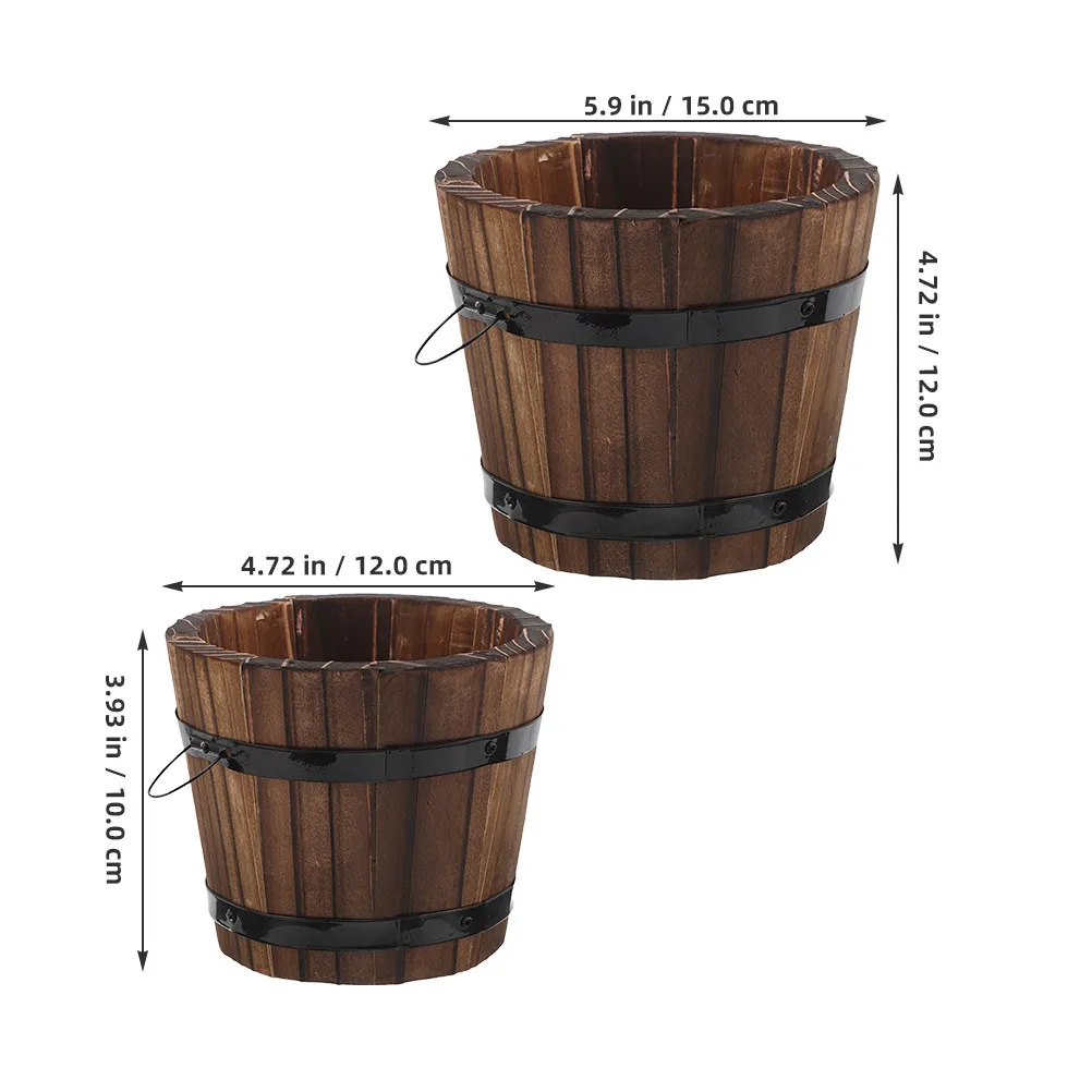 2Pcs Carbonized Wood Garden Planters Rustic Whiskey Barrel Brown Small Medium Flower Pots Indoor Outdoor Plant Holders