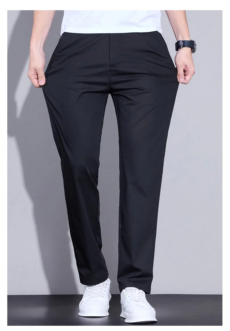 Men's Summer Ice Silk Casual Trousers Ultra-Thin Quick Drying Elastic Slim Straight Leg Solid Color Business Brand Clothing Pant