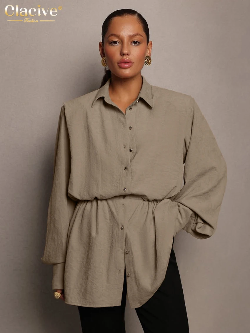 Clacive Fashion Loose Khaki Office Women's Blouse 2025 Casual Lapel Long Sleeve Shirt Elegant Classic Solid Tops Female Clothing