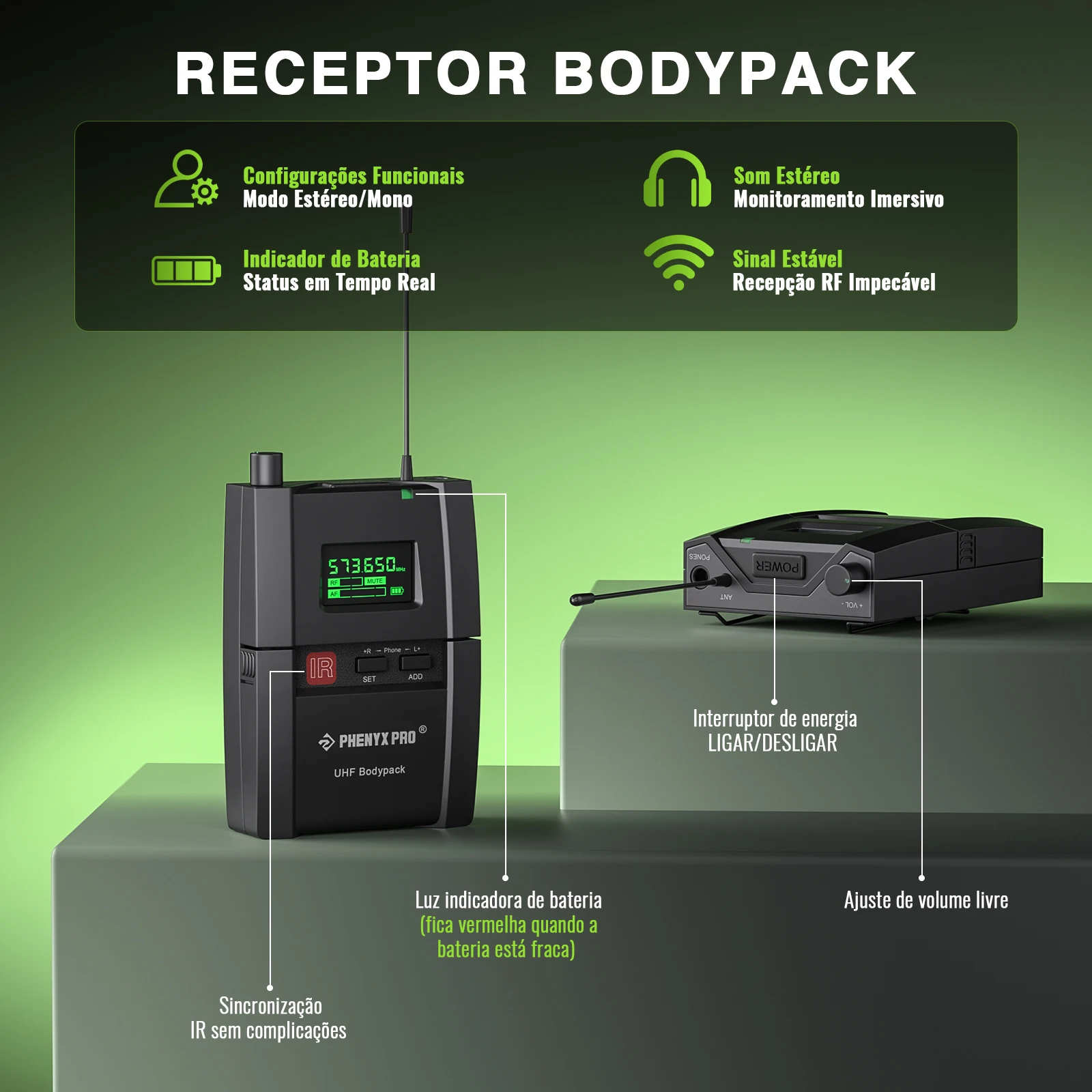 Epyx pro-sistema de controle sem fio ptm-10, estéreo, in-ear, palco, retorno, corpo, receptor, sistema iem, 900mhz/500mhz, banda de frequência