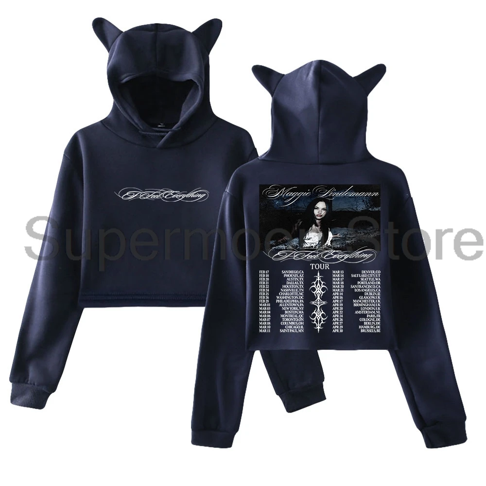 

Maggie Lindemann I Feel Everything Tour 2026 Hoodie Cat Ears Hooded Sweatshirt Long Sleeve Crop Top Women's Clothes