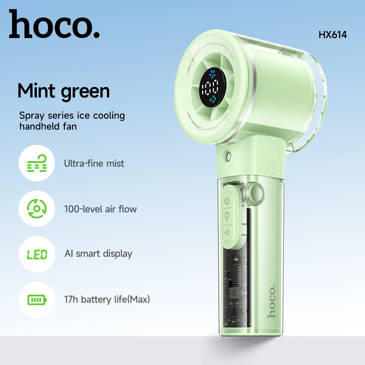 HOCO Draagbare ijskoelende handventilator Transparant Oplaadbaar 3000mAh LED Digitaal display Ventilator Waterverstuivende ventilator Buitenfeest