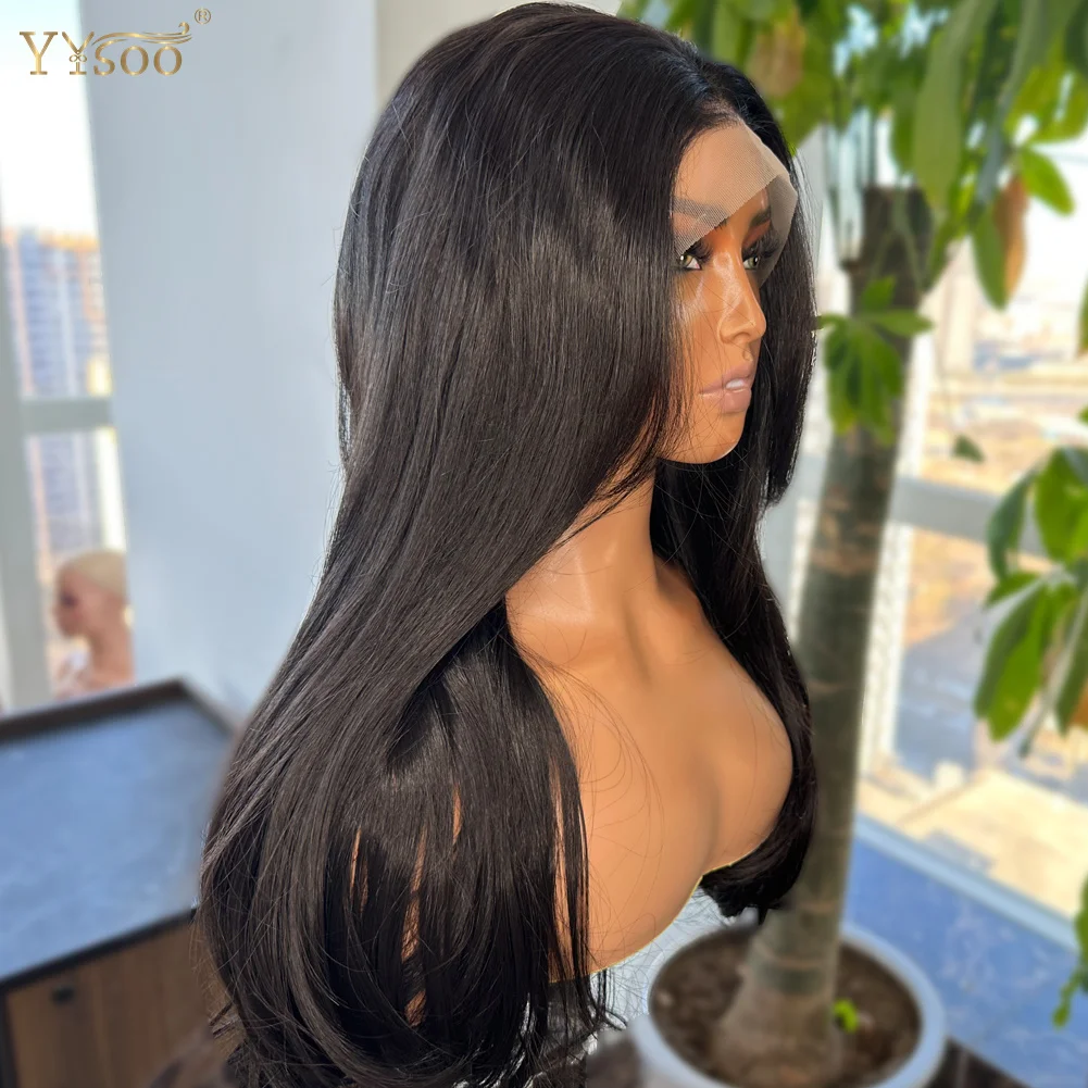 YYsoo Long 1# Black Body Wave Futura Synthetic 13x4 Glueless Lace Front Wigs with Bangs For Black Women Pre Plucked Hairline