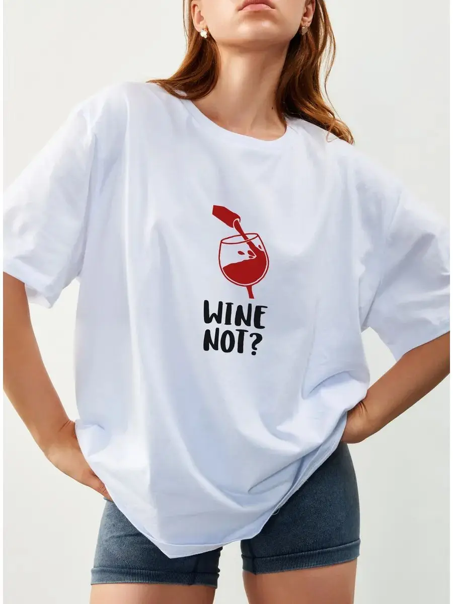 Women Funny Wine Lover Graphic Tee Cute Cotton T-Shirt Wine Not Pun Slogan Glass Pouring Bottle Printed Vacation Party Casual