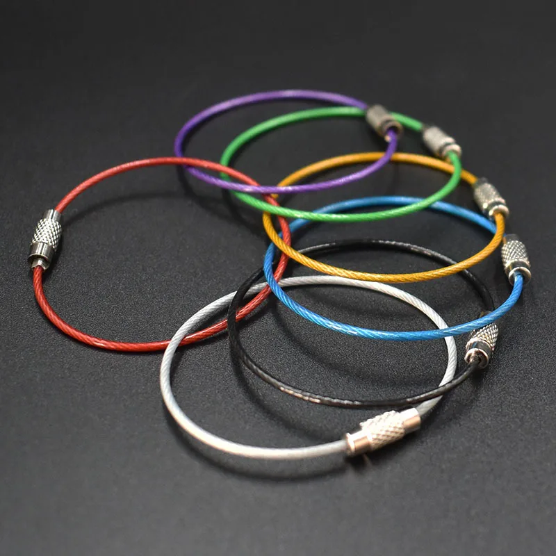 10Pcs Colorful EDC Keychain Stainless Steel Carabiner Key Holder Outdoor Tools Wire Keyrings Cable Rope Screw Locking Key Chain