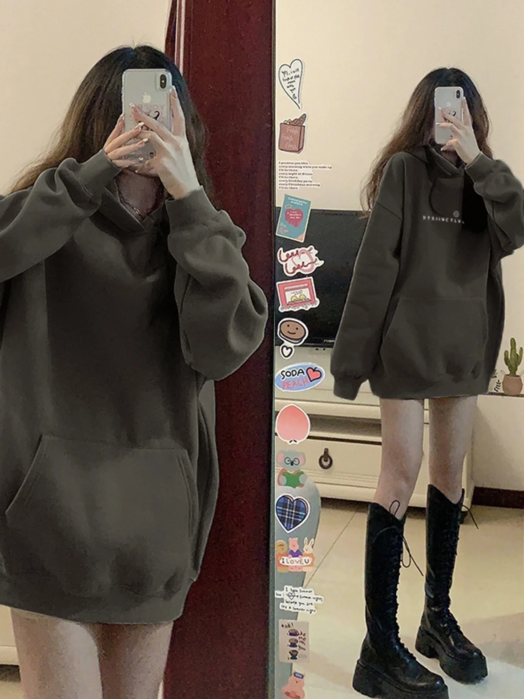 

2025 Autumn Winter New plus Size Hooded Sweatirt Women's Thiened Fce Loose Outerwear Top Korean Sle Long Sve