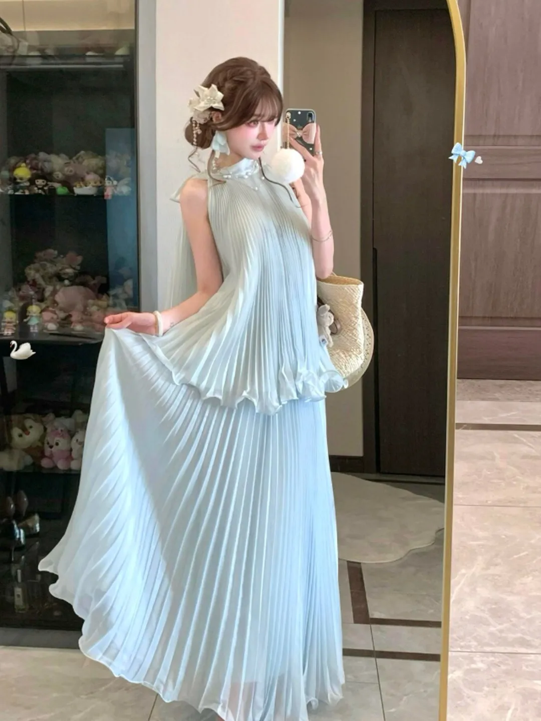 

Unique Fashionable Neck Hanging Top Skirt Set Summer 2026 Comfortable Mid-Summer Season Casual Wear round Neckline No Sleeve