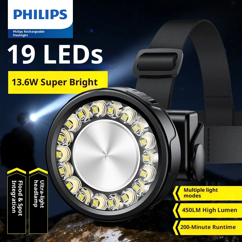 Philips Faro LED Illuminazione 19 Perline Lampada 450LM Faro Tipo-C Faro ricaricabile Lanterna da pesca da campeggio esterna