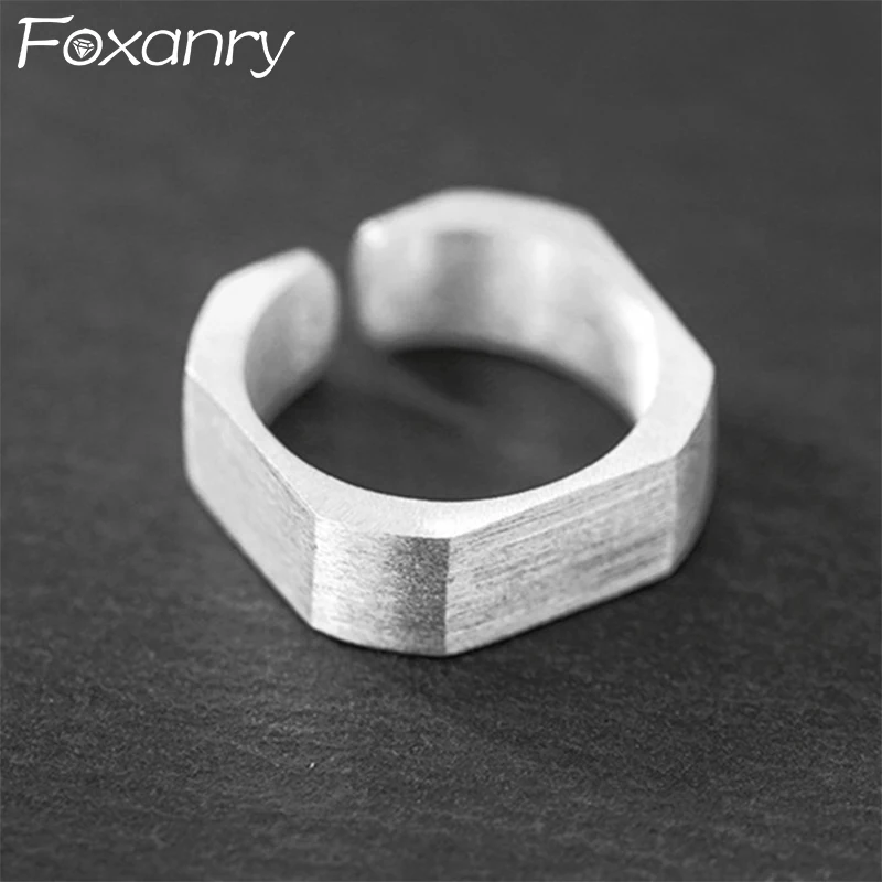 Foxanry Silver Color Scrub Square Geometric Ring For Women Couples Creative Design Fashion Simple Personality Party Jewelry Gift