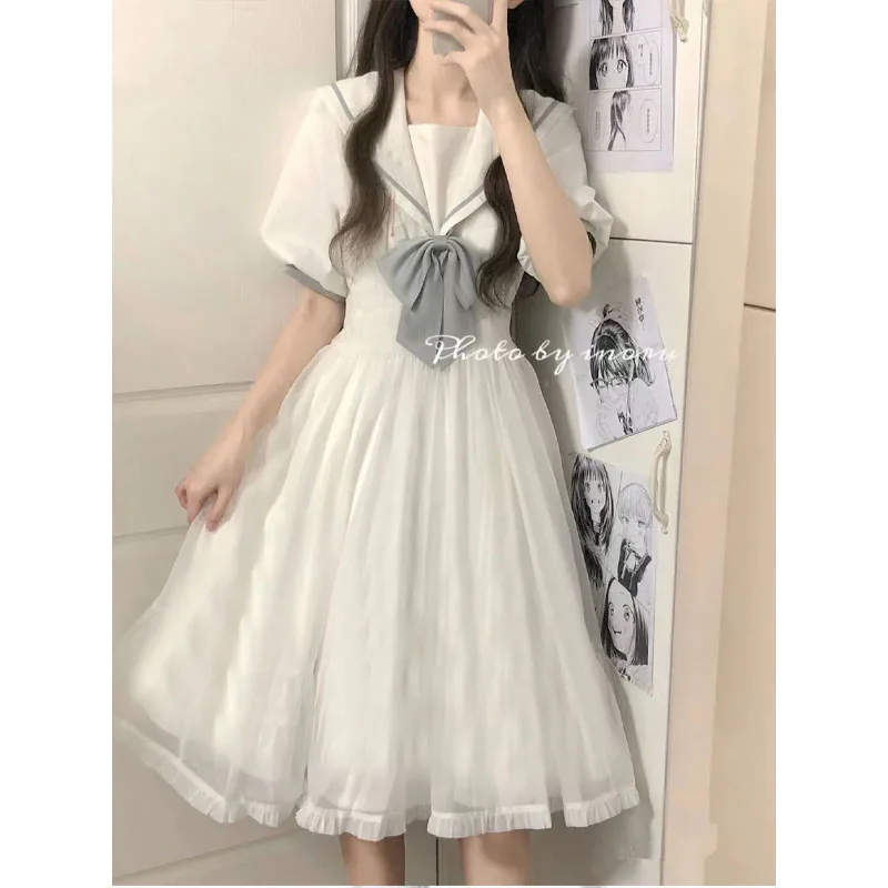 

Preppy Style Sweet Solar System Bow Net Yarn Women Summer Korean Color Collision Navy Leader Puff Sleeve Corset A-line Dress