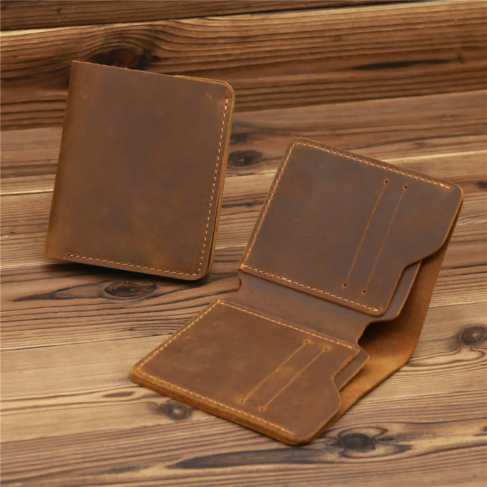 Handmade Short Retro Crazy  Leather Wallet Top Layer Cowhide Casual  Wallet for Men Simple Design Bifold Money Holder