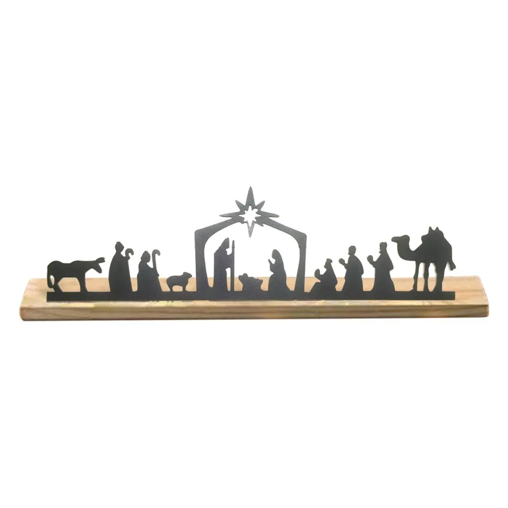 Metal Nativity Table Decoration Black 11.81x1.57x3.46in Christmas Nativity Ornament Baptism Christmas Decor Porch & Living Room