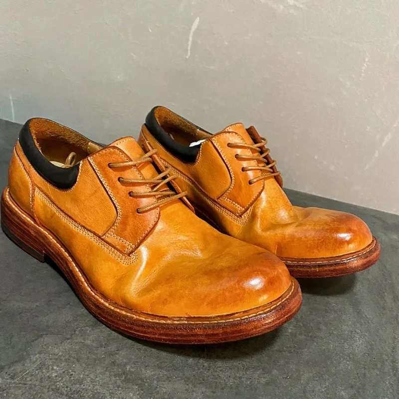 Vintage Washed Genuine Leather  Low-Top Derby Handcrafted Shoes Men's  High-End Thick Sole Formal Work Leather Shoes Male