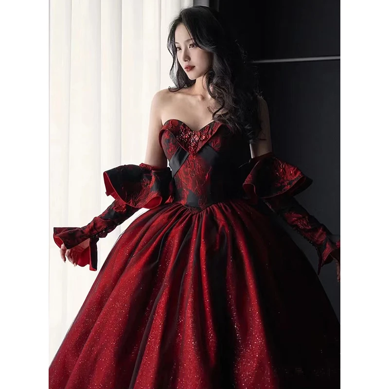 Neue rote romantische sexy träger lose abnehmbare Ärmel Quince anera Kleider mit Ärmel Spitze Applikation süße 16 Kleid mexikanischen Ballkleid