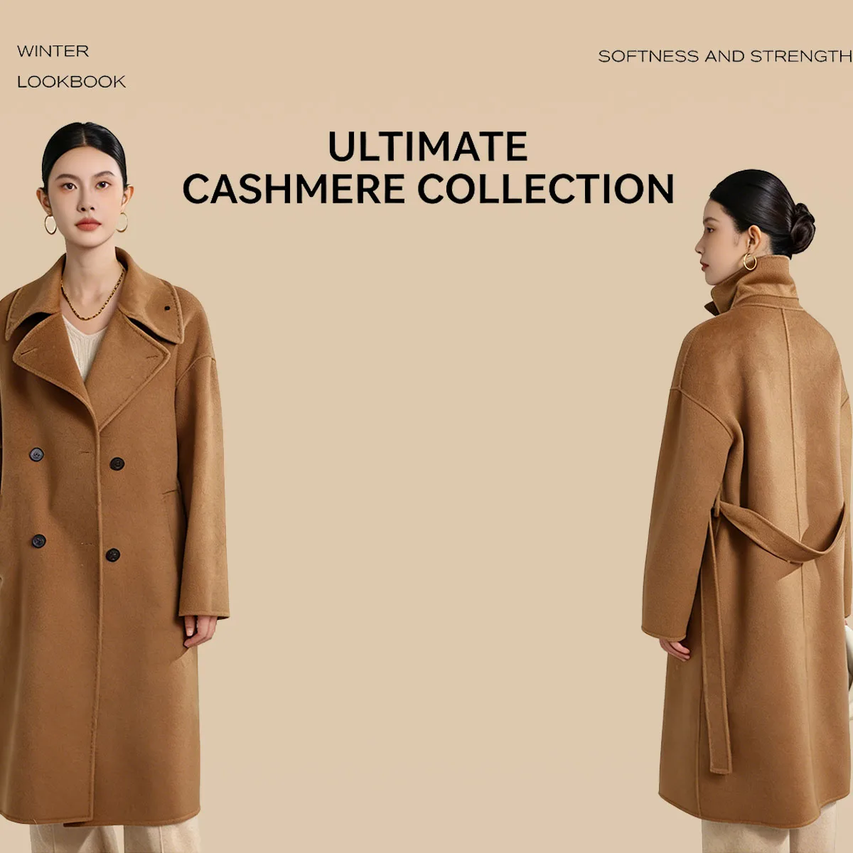 Cappotto da donna elegante in lana di cashmere double face con risvolto e lunghezza media