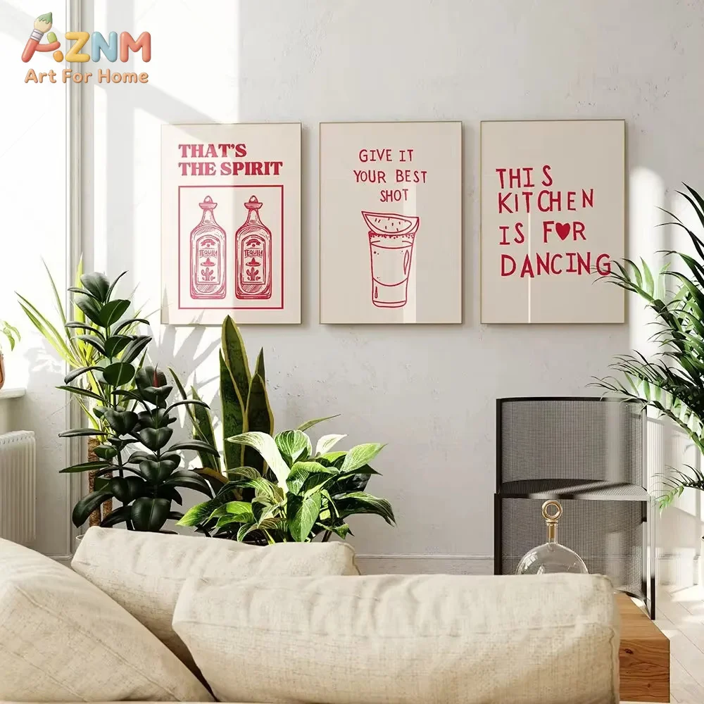 AZNM Red Line Cocktail Wine Canvas Wall Art Retro Bar Quote La Dolce Vita Happy Hour Kitchen Dining Room Decor Unframed Canvas P