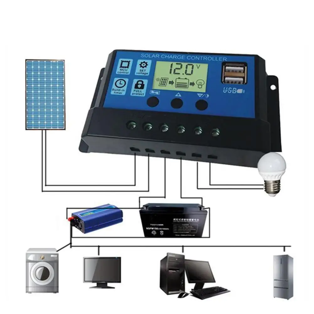 12V 24V PWM Solar Charge Controller with Adjustable LCD Display Dual USB Port Timer Setting Auto Parameter 10A 20A 30A