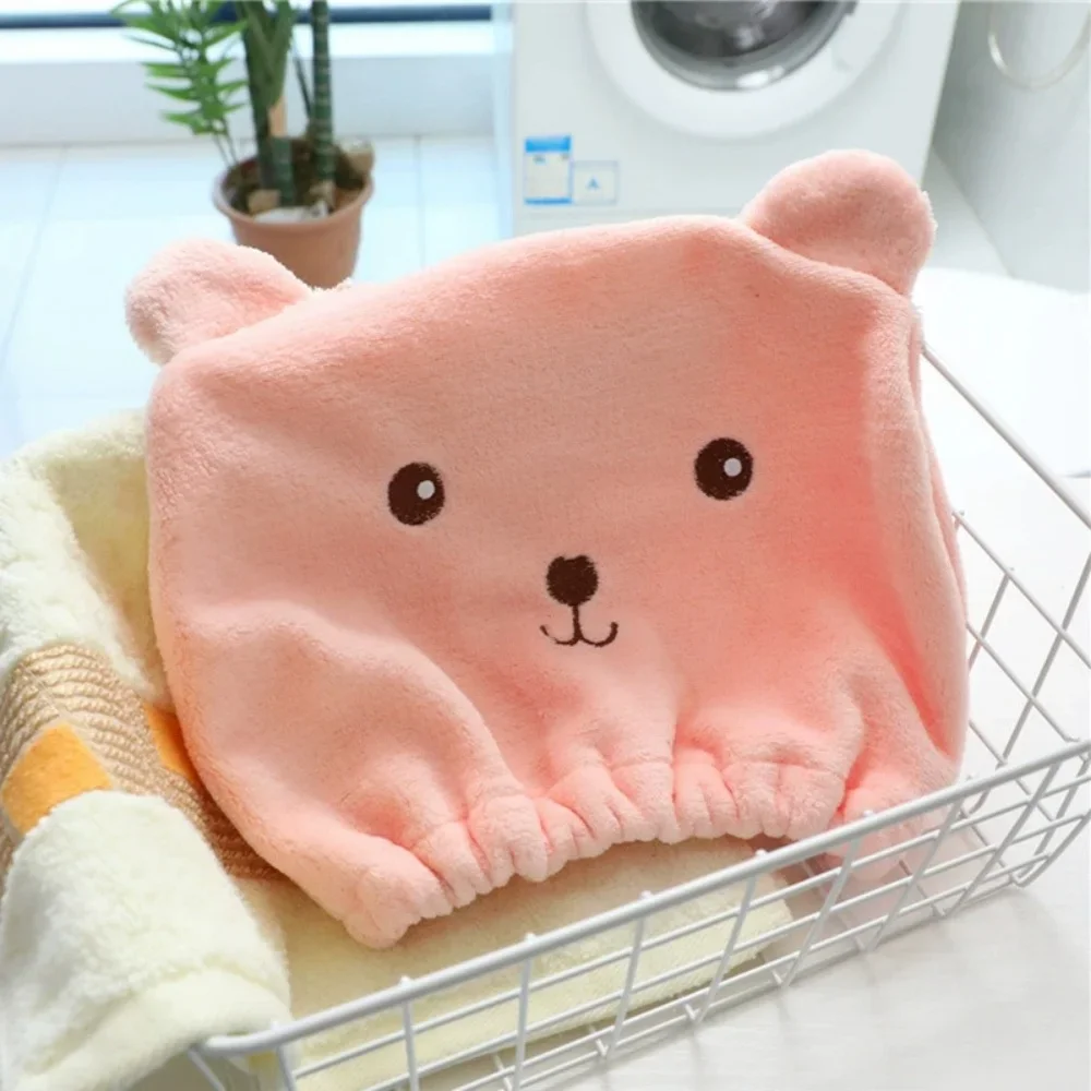 Women Thin Microfiber Dry Hair Cap Korean Style Cute Bear Embroidery Quick Drying Absorbent Head Towel Shower