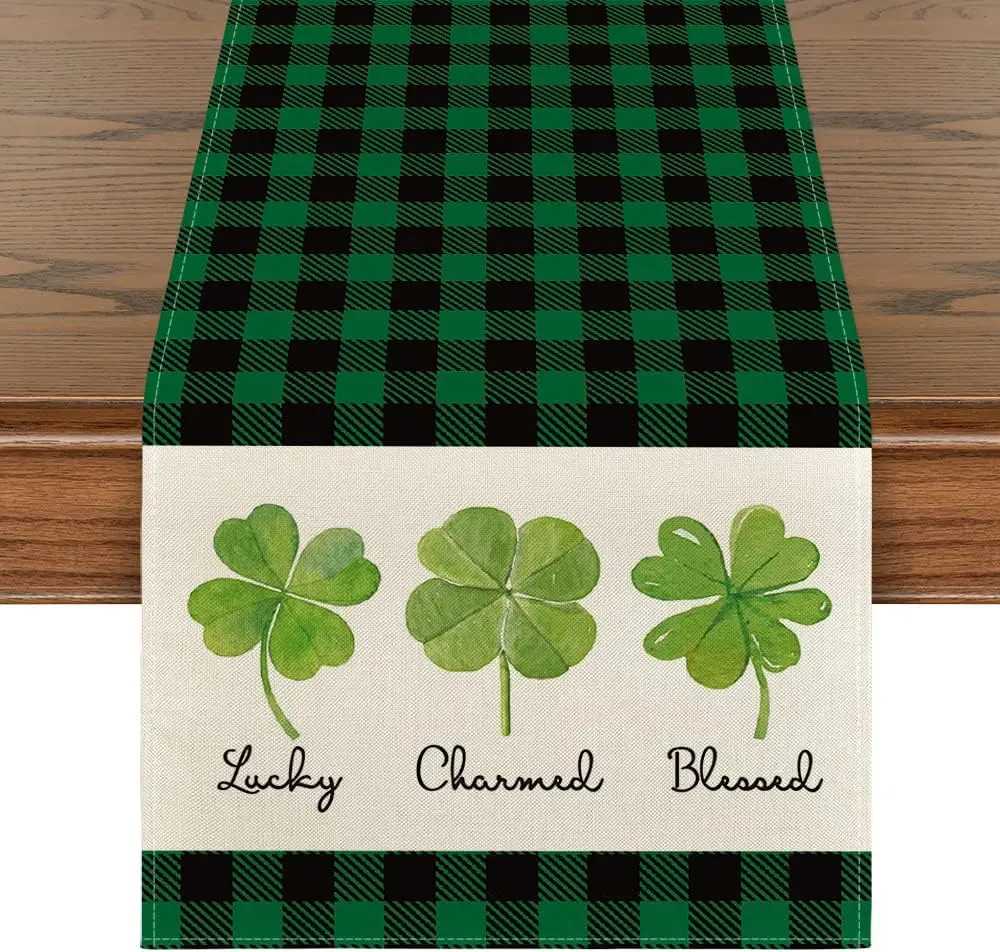 

Lucky Clover Plaid Table Runner St. Patrick's Day Holiday Linen Table Runners for Dining Table Farmhouse Party Kitchen Decor