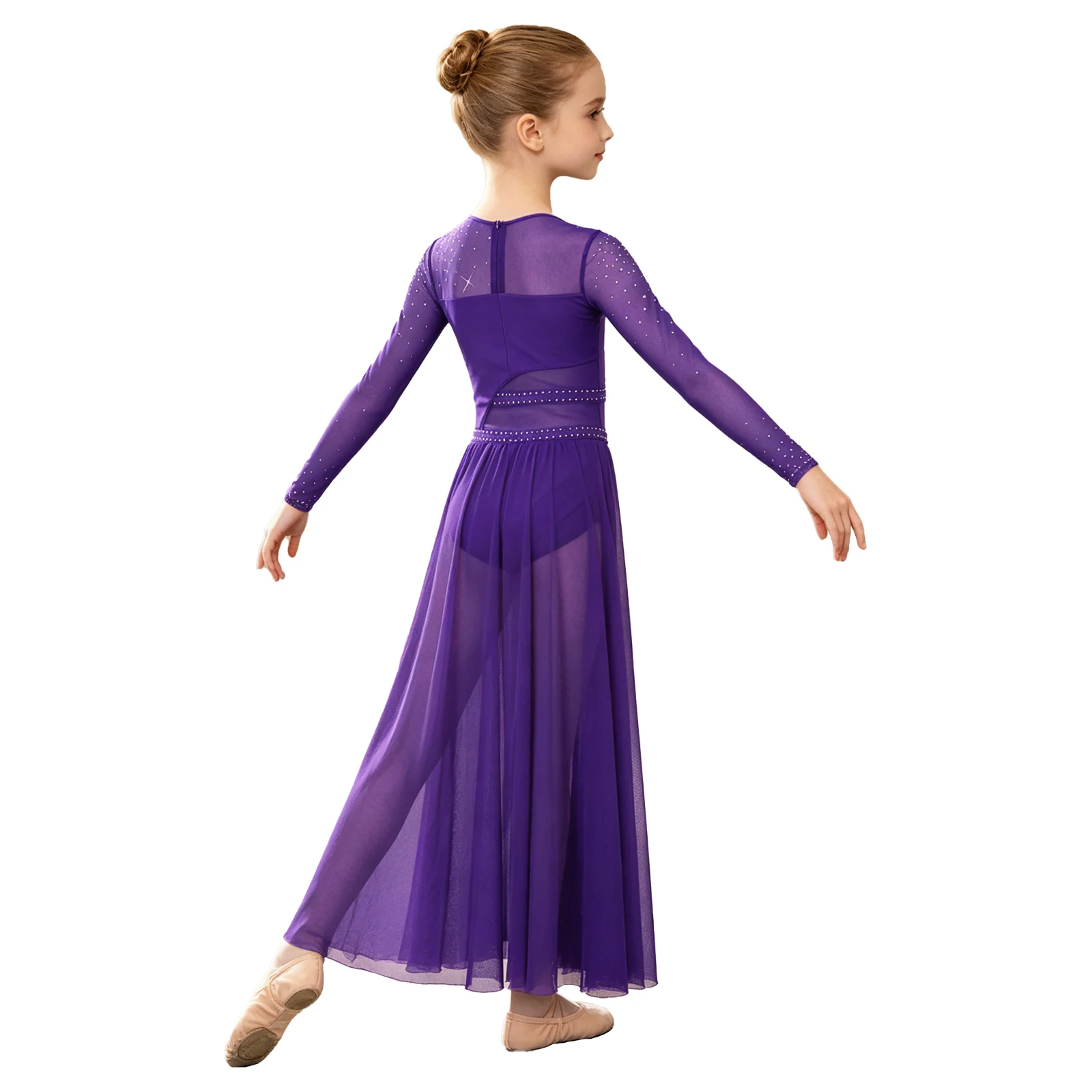 Little Girls Color Block Patchwork Rhinestone Maxi Dress Side Split Mesh Hem Lyrical Ballet Latin Dance Stage Performance Outfit