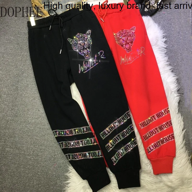 Hot Blingbling Luxury Drilling Women Sweatpants Fleece Thicken Leopard Athleisure Trousers Streetwear Drawstring Elastic Waist