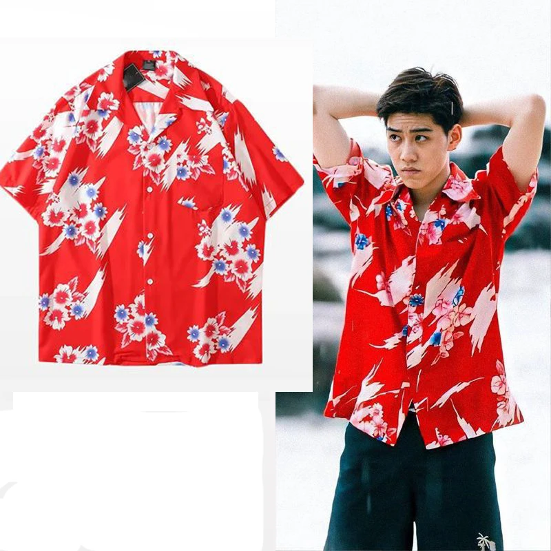 

New Interpret My Love with Your Heart Bkpp LONNY Pp Same Style Red Hibiscus Rosa-Sinensis Shirt Thai Short Sleeve Top Summer