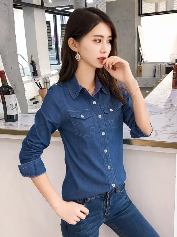 Slim Fit Long Sleeve Denim Shirt Women's Spring Autumn New Style plus Size Korean Version Hong Kong Flavor Shirt Weight Loss Top