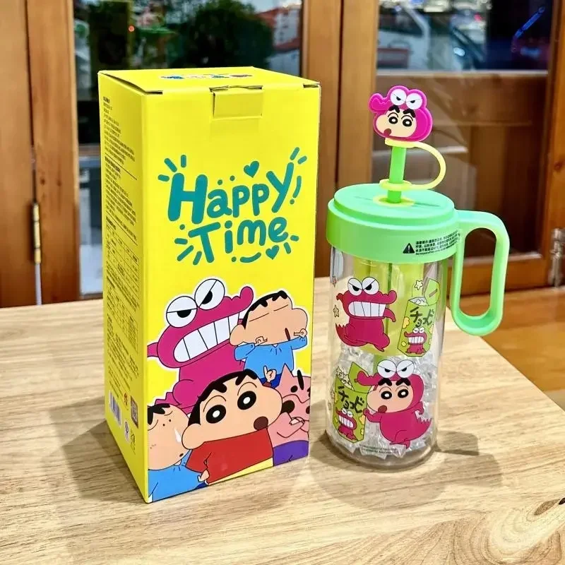 Crayon Shin Chan Boochan Cartoon Glass Straw Cup Comic Periphery Glass Cup with Hat Cute Portable A Girlfriend Birthday Girls