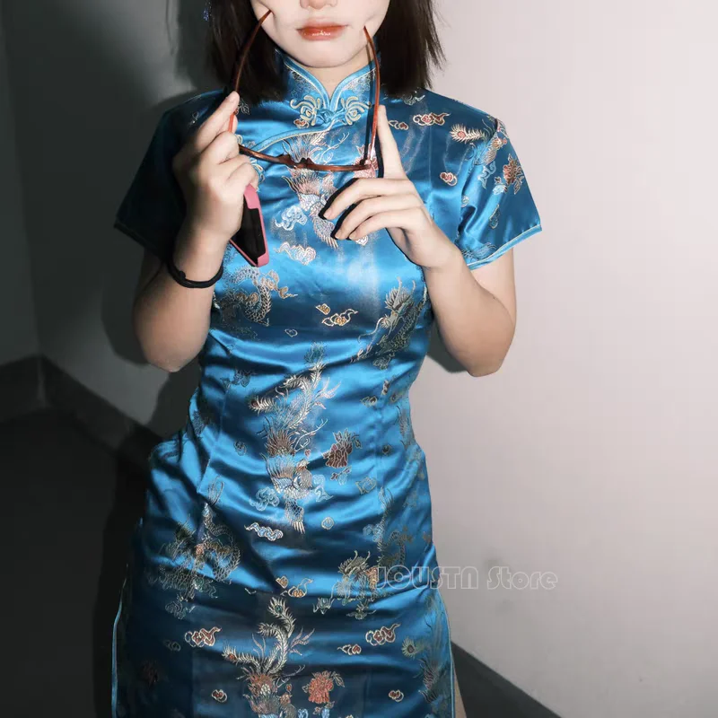 

Lake Blue Cheongsam Sexy Jacquard Qipao Lolita Y2K Dresses Chinese Style Dress Women Summer New Streetwear Bigsize 3Xl-6Xl