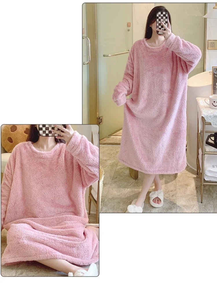 5XL Plus Size Winter Coral Velvet Nightgown Women\'s Warm Padded Thickened Medium-Length Sleepdress Soft Loose Pajamas Homewear