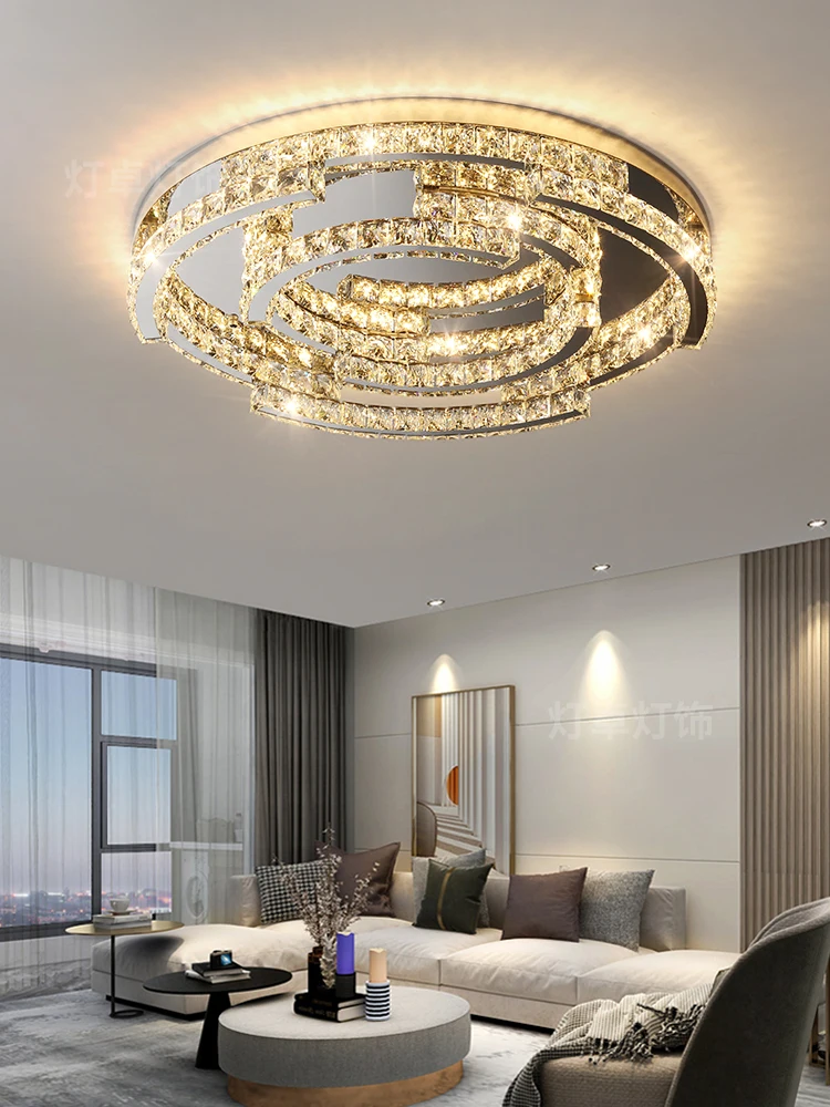 Modern Remote LED Crystal Ceiling Lamp for Living Room Bedroom Study Round Chrome Chandelier Celing Light