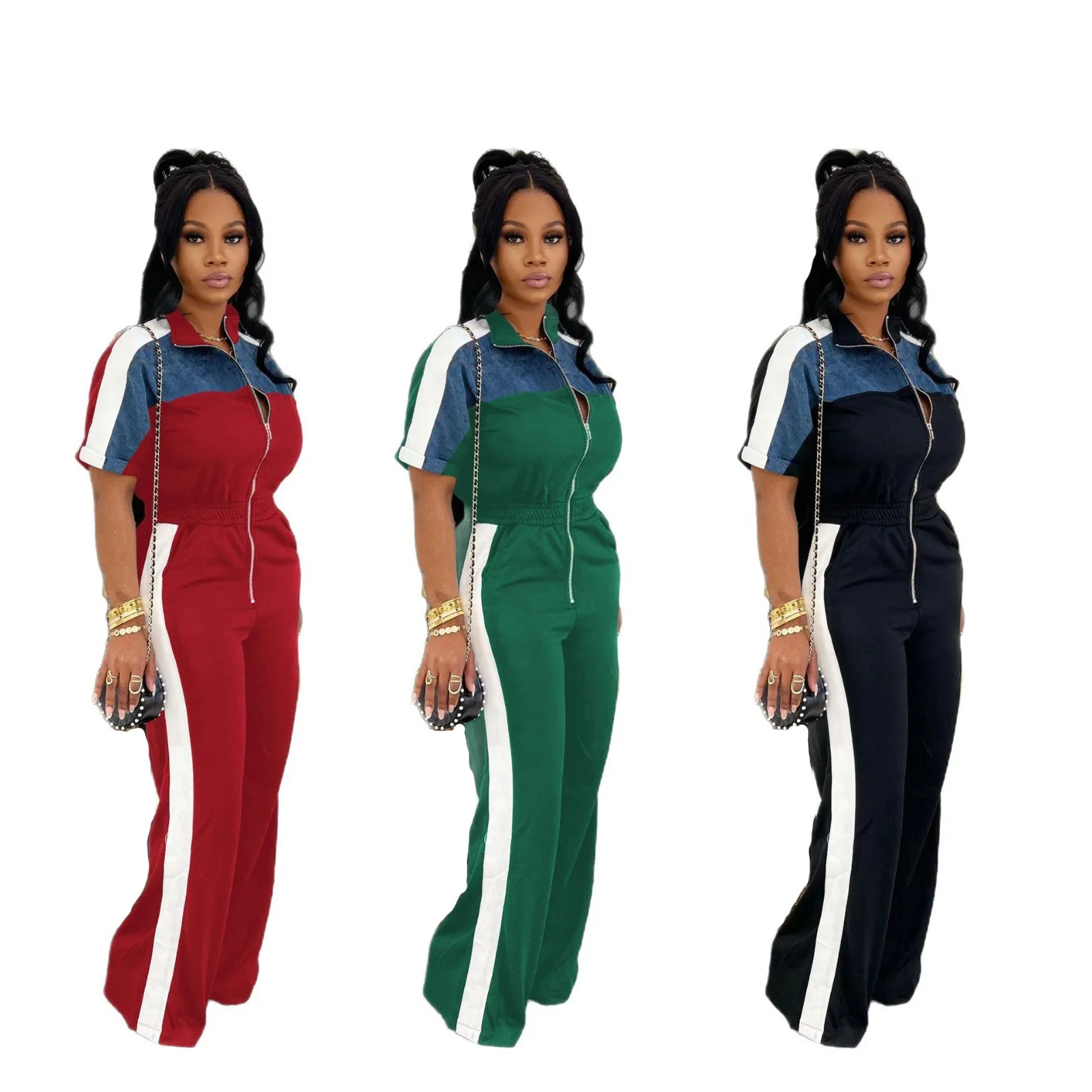 

2025 Autumn New Women's Denim Color Matching Stand Collar Short Sleeve Long Zipper Jumpsuit Trousers