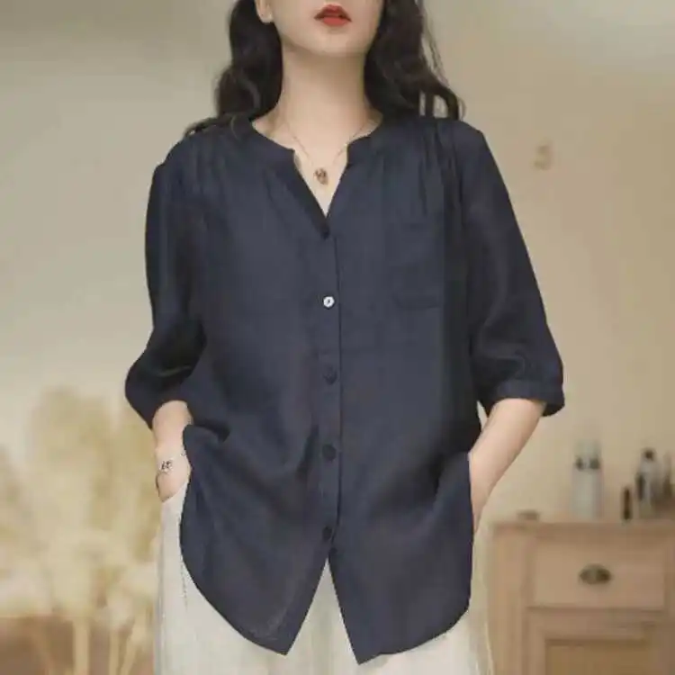 

2025 New Summer Minimalist Style Pure Color V-Neck Diagonal Pattern Shirt Versatile Top for Women Fashionable Casual Shirt