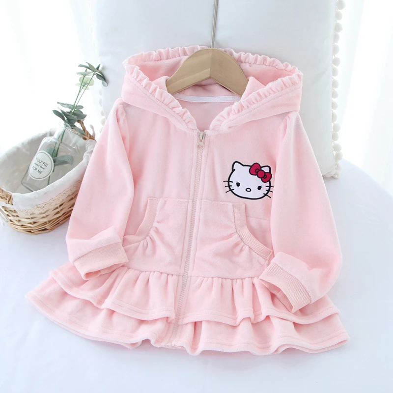 Hello Kitty Dresses Sanrios Anime New Girl Jacket Spring Autumn Model Children Hooded Zipper Shirt Female Baby Velvet Clothes