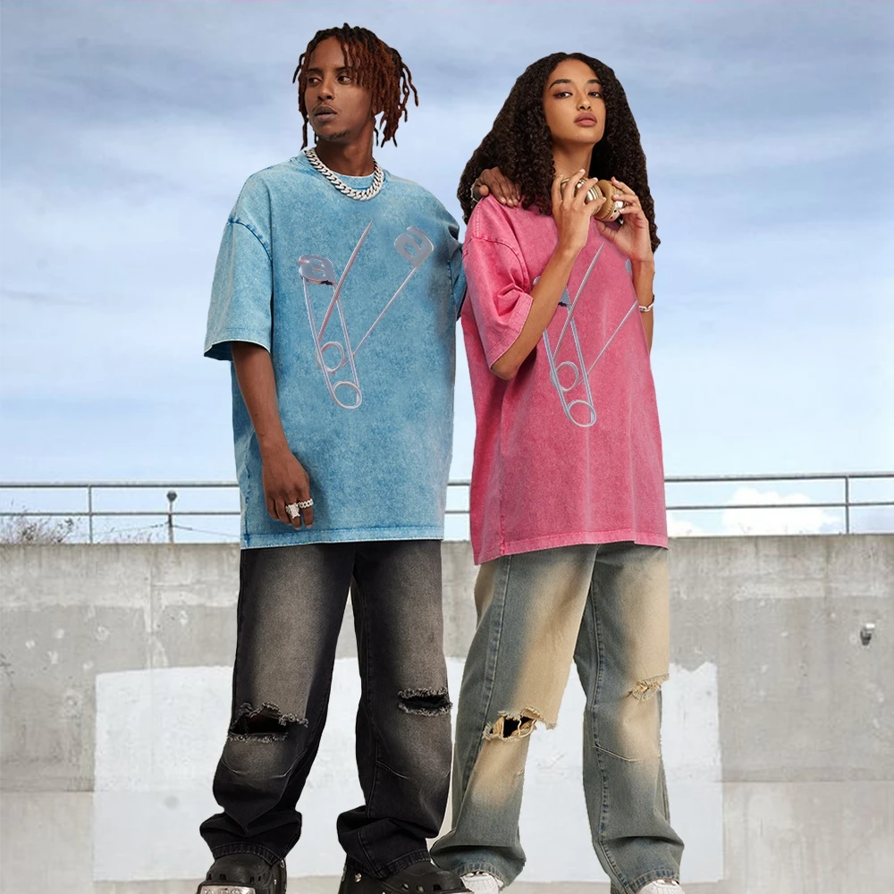 

Safety Pin Design Tee Premium Cotton, High - Quality Oversize Washed Tee. Unique Safety Pin Graphic. Y2K Fashion Trend.