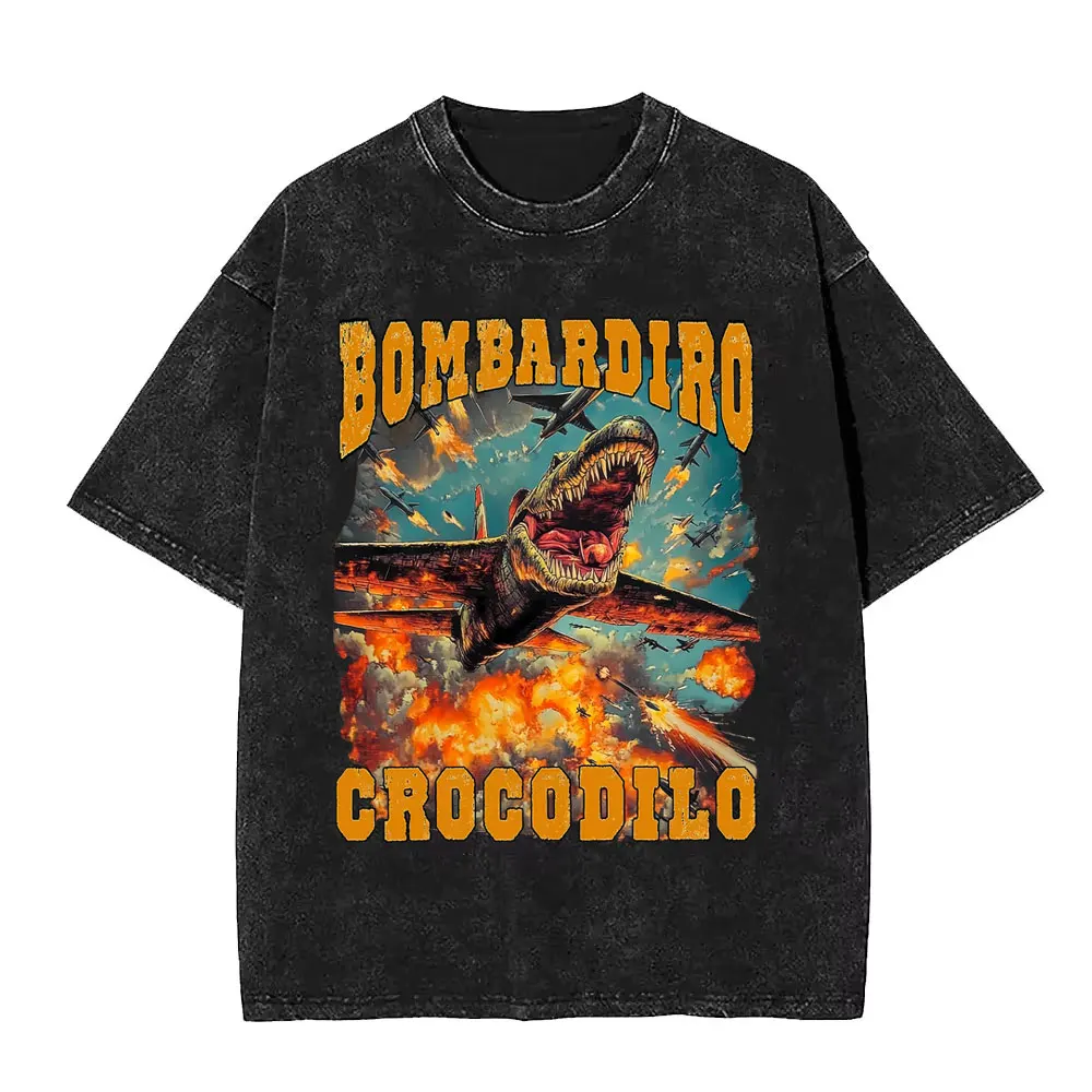

Bombardiro Crocodilo Crocodile Plane Bomber Funny Meme Washed T-shirt Men Women Summer Cotton Casual Humor Short Sleeve T Shirts